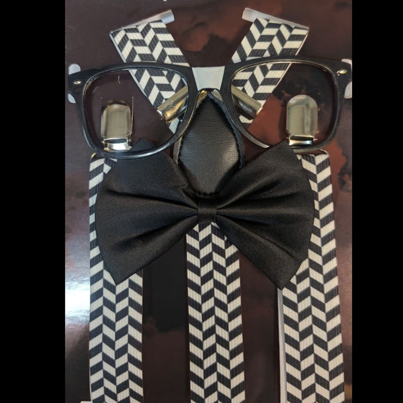 Nerd Costume Accessory Set – Glasses, Chevron Suspenders & Black Bow Tie