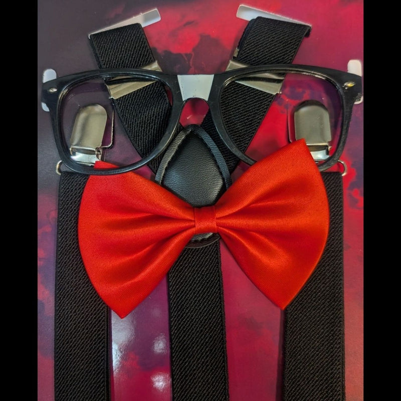 Nerd Costume Accessory Set – Glasses, Suspenders & Red Bow Tie