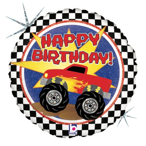 Happy Birthday Monster Truck Holographic Round Foil Balloon 45cm