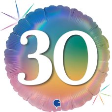 30th Birthday Round Foil Balloon - Rainbow Ombre Holographic 45cm