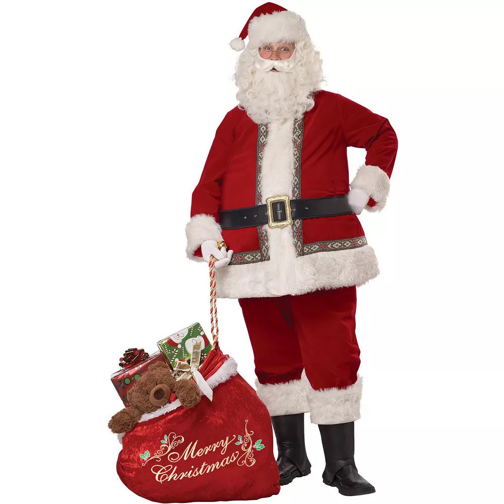 Full-length red and white Santa Claus costume with plush trim and hat for adults
