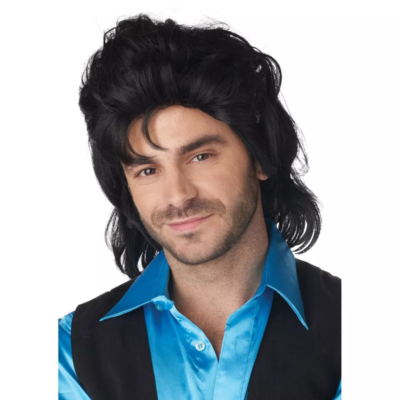 Long brown curly mullet wig with headband and sunglasses accessory