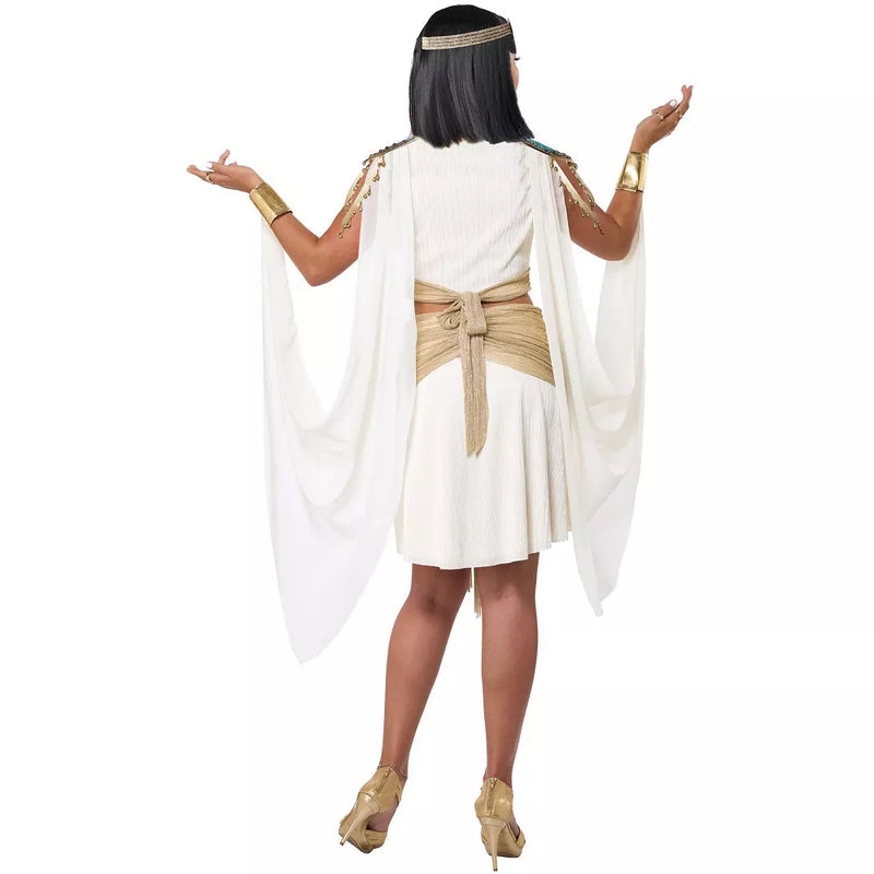 A woman wearing the Queen Cleopatra Women's Costume, a beautiful and elegant attire for themed parties