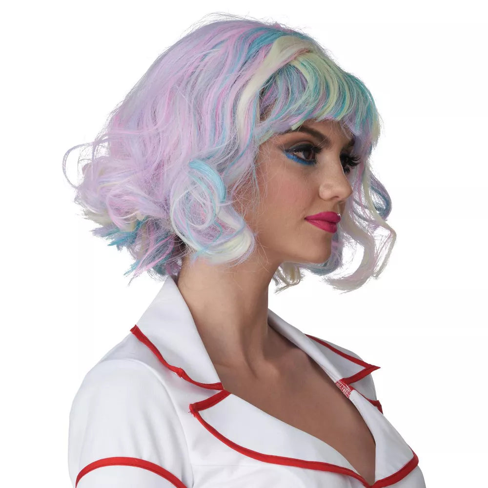 Colourful pastel rainbow wig for adults with loose waves and natural shine
