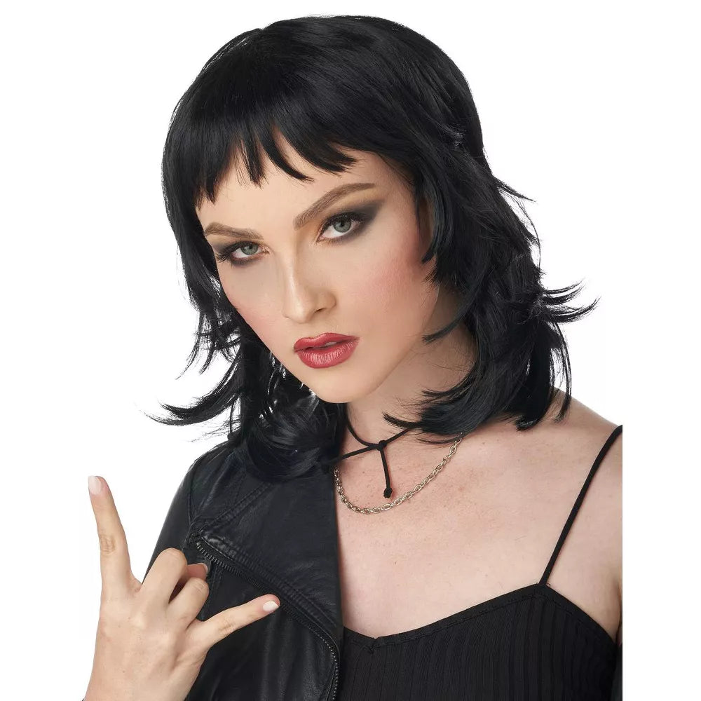 80's Rock Rebel Adult Wig in black with long, curly, tousled hair styled into a wild rockstar look