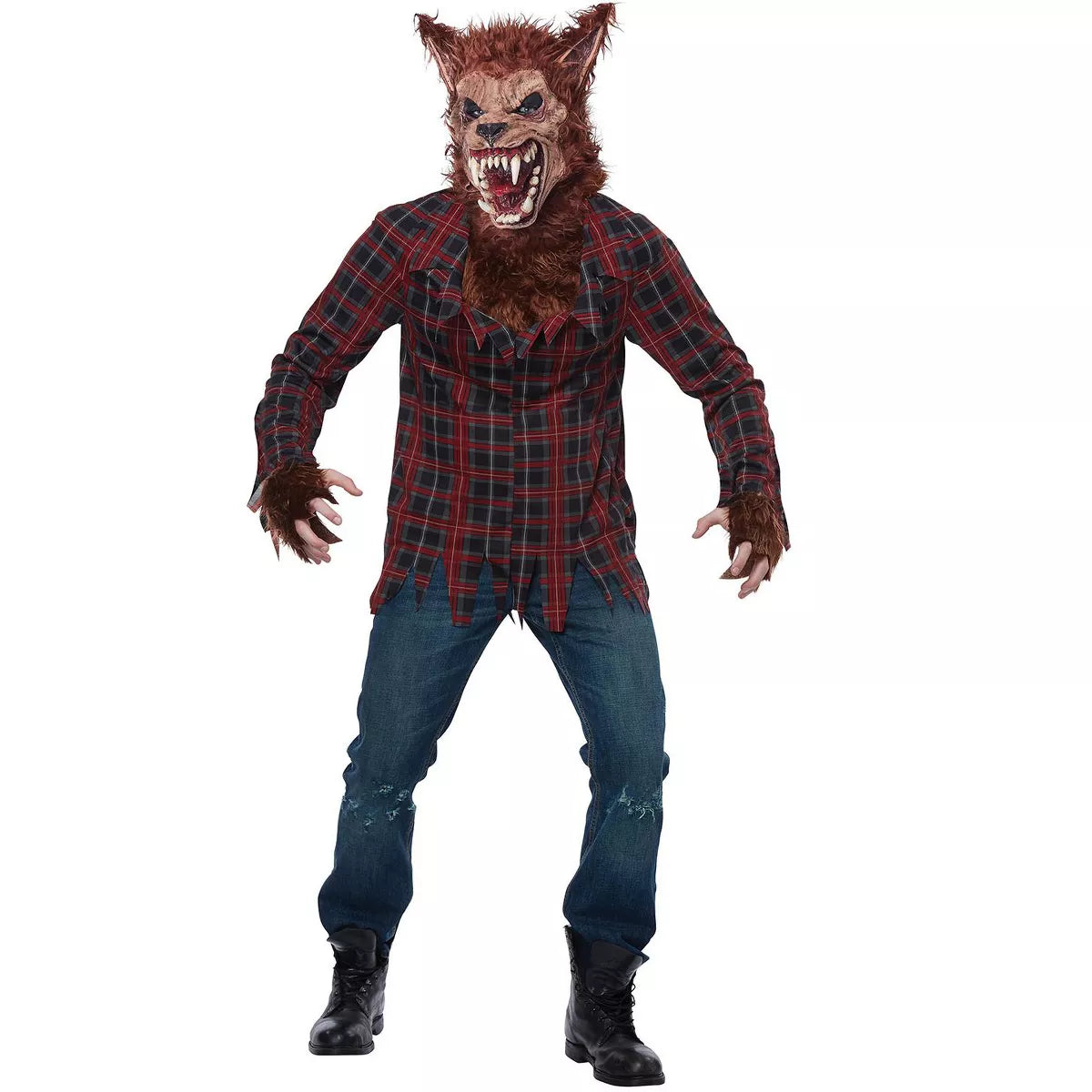 A realistic full moon werewolf adult costume with detailed fur and claws