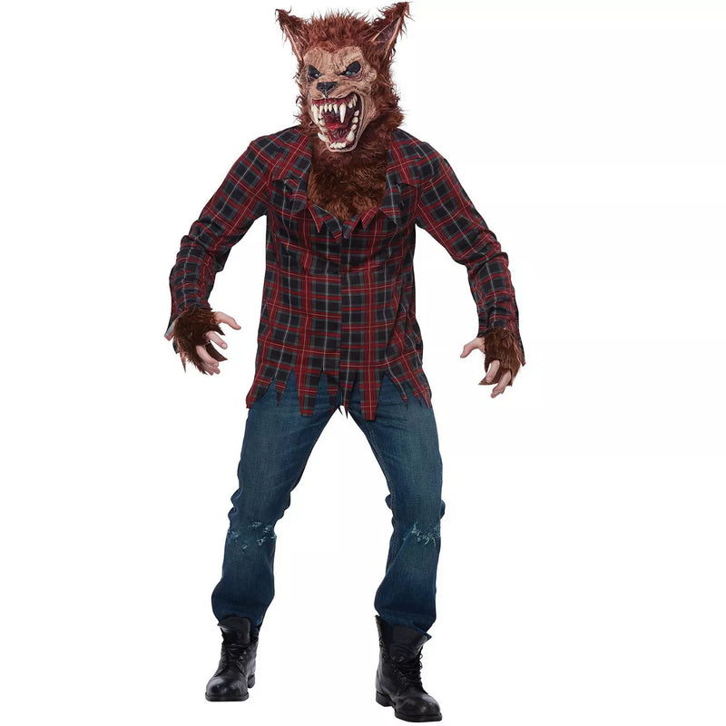 A realistic full moon werewolf adult costume with detailed fur and claws