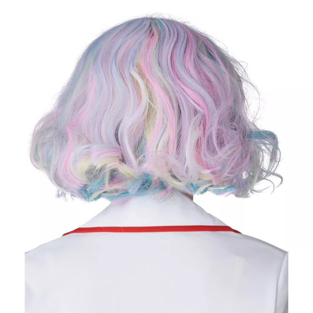 Vibrant pastel rainbow adult wig featuring a blend of soft hues and layers of volume
