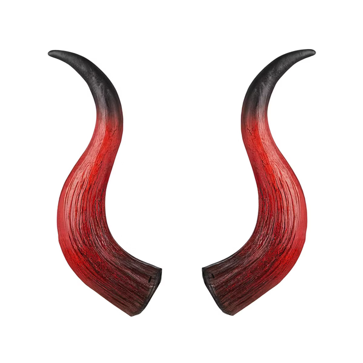 A pair of curved horn accessories with a red and black gradient finish, featuring a textured wood-like grain pattern, shown against a plain white background.