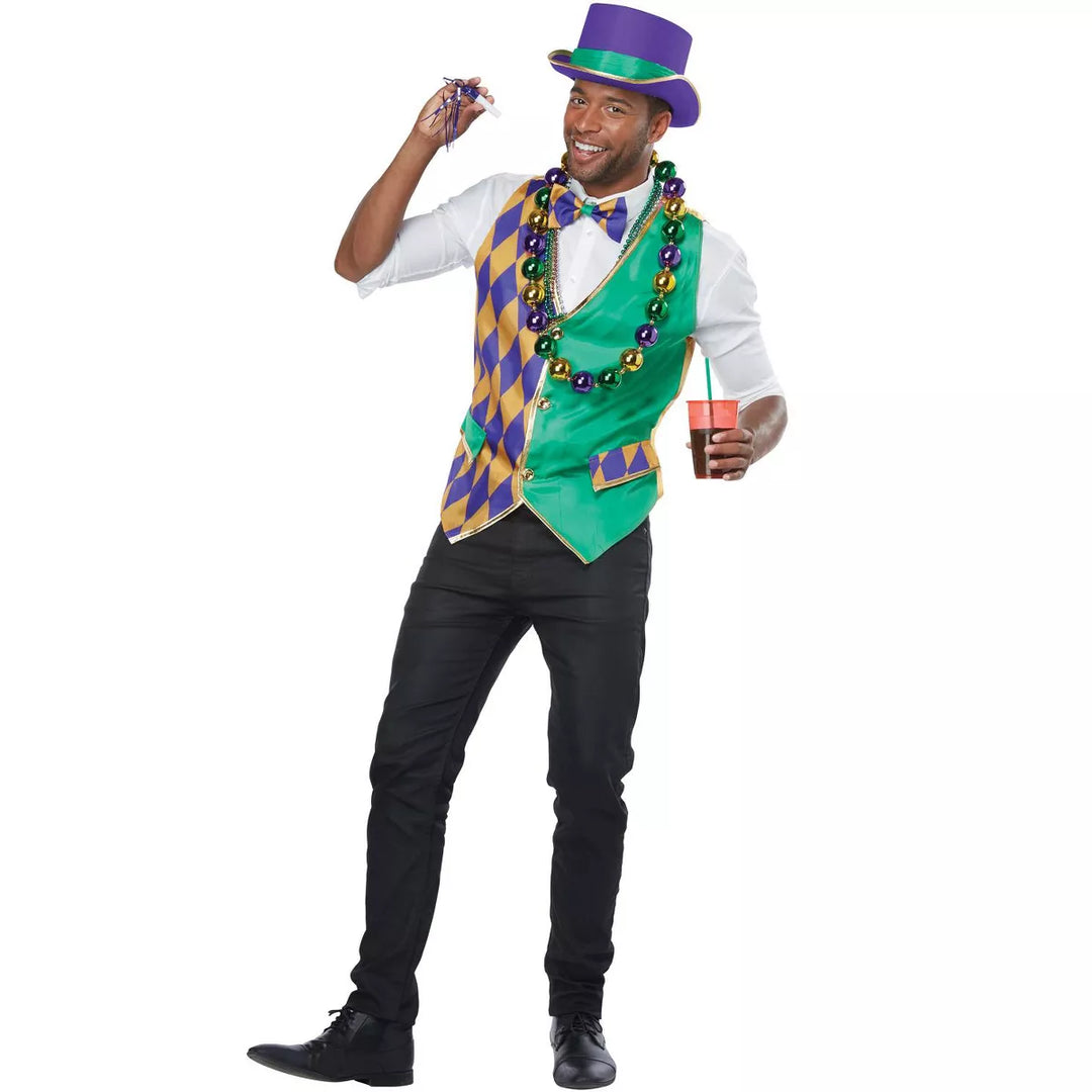 Colorful Mardi Gras Man Adult Costume Kit with Jester Hat, Mask, and Beads