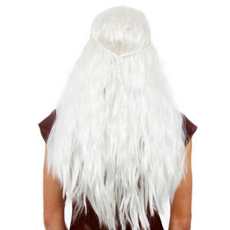 Dragon Queen Wig – Long White Wavy with Braid Detail