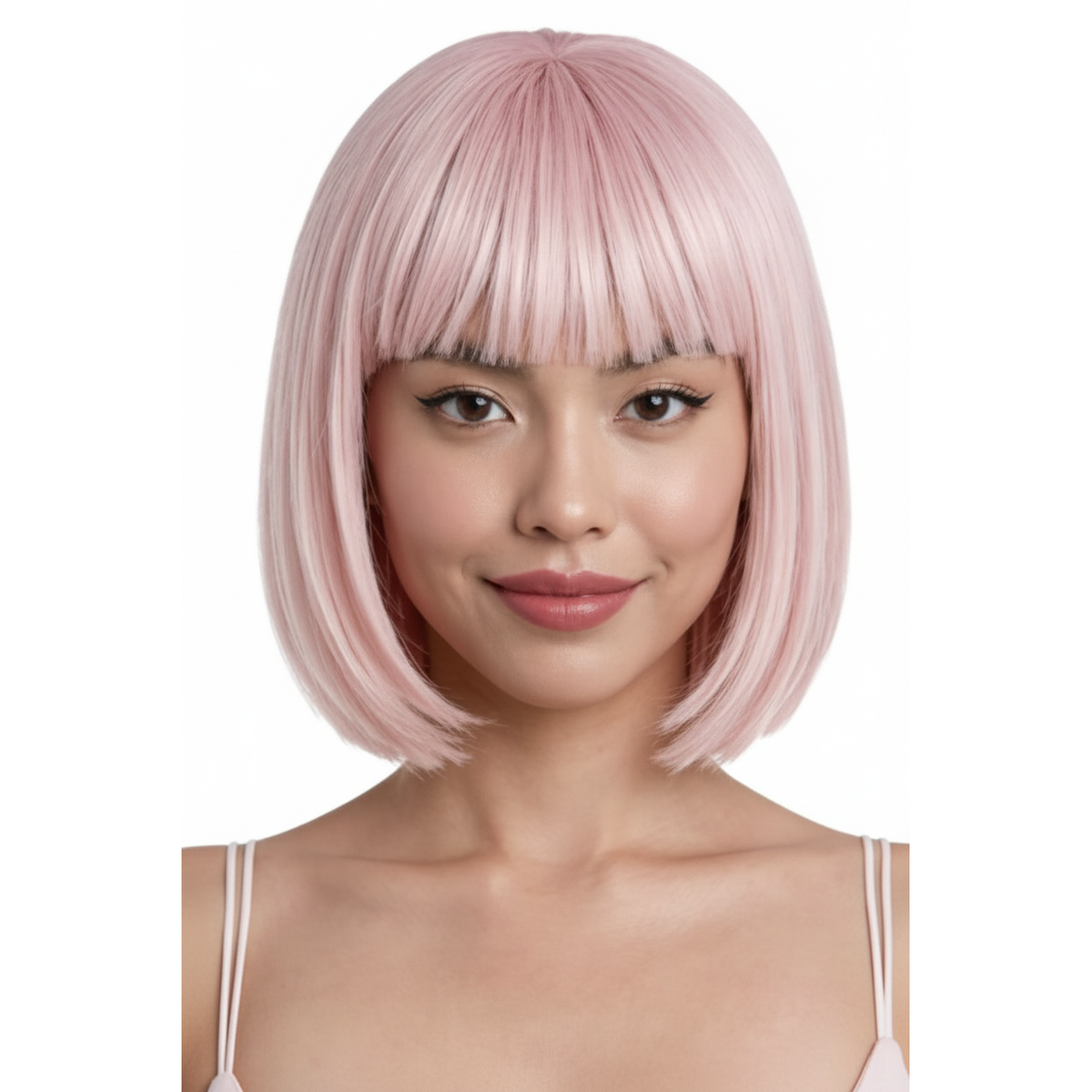 Jessie Pink Velvet soft blush pink bob wig with full fringe