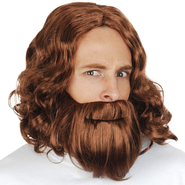 Long, curly brown Jesus wig and beard set for costume parties
