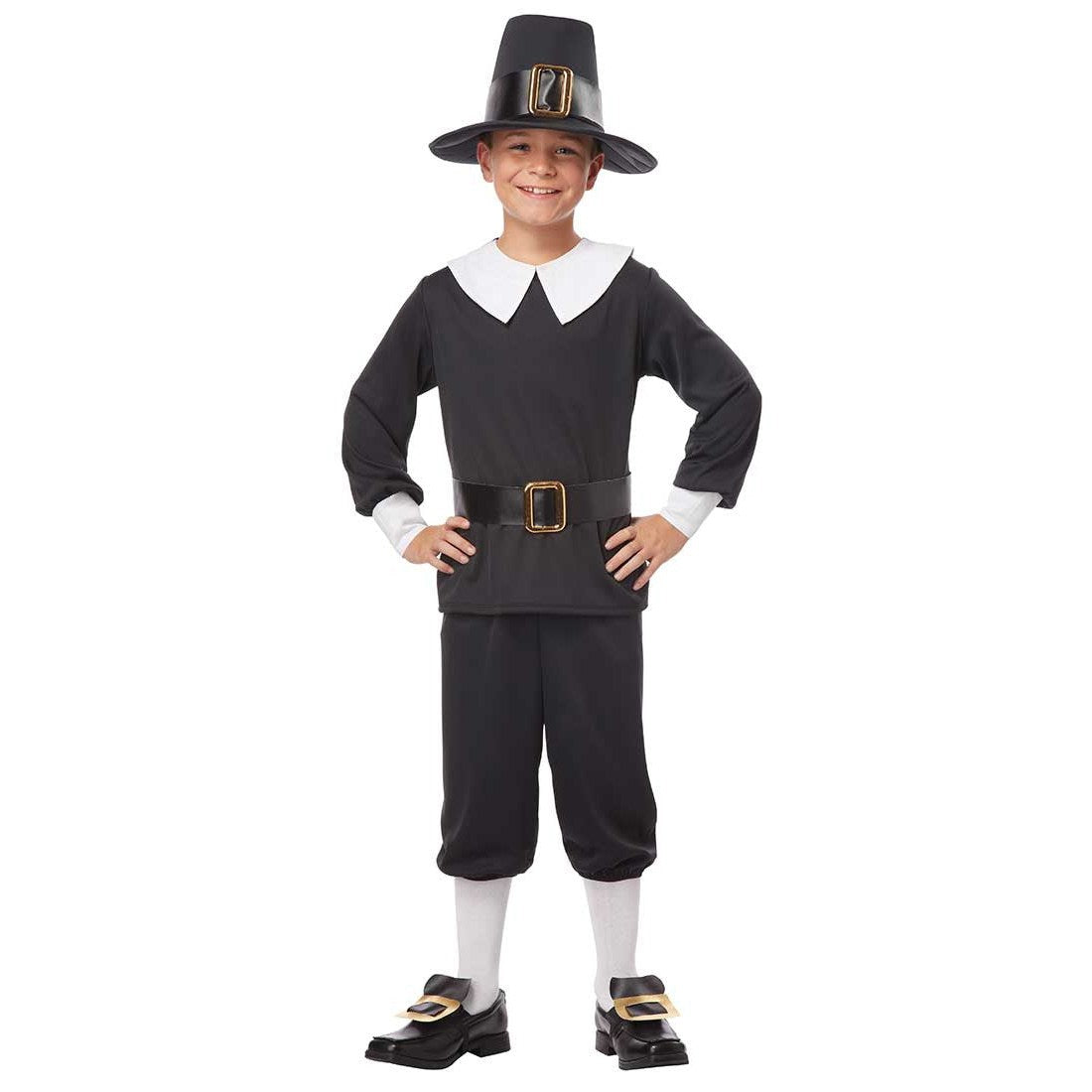 Adorable Pilgrim Boy Costume with Black Hat, White Collar and Buckled Shoes for Kids
