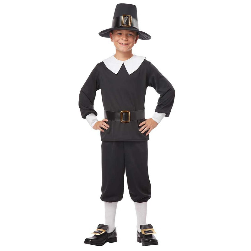 Adorable Pilgrim Boy Costume with Black Hat, White Collar and Buckled Shoes for Kids