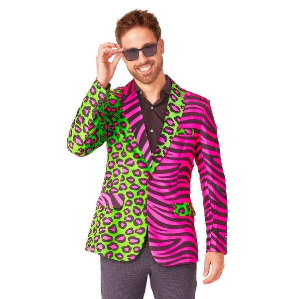Neon party animal blazer jacket with colorful leopard print design
