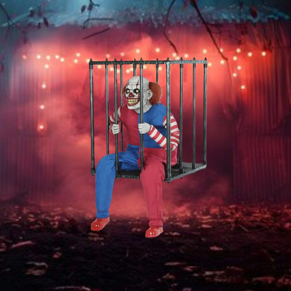 Colorful and playful animated caged clown walk around costume with whimsical design