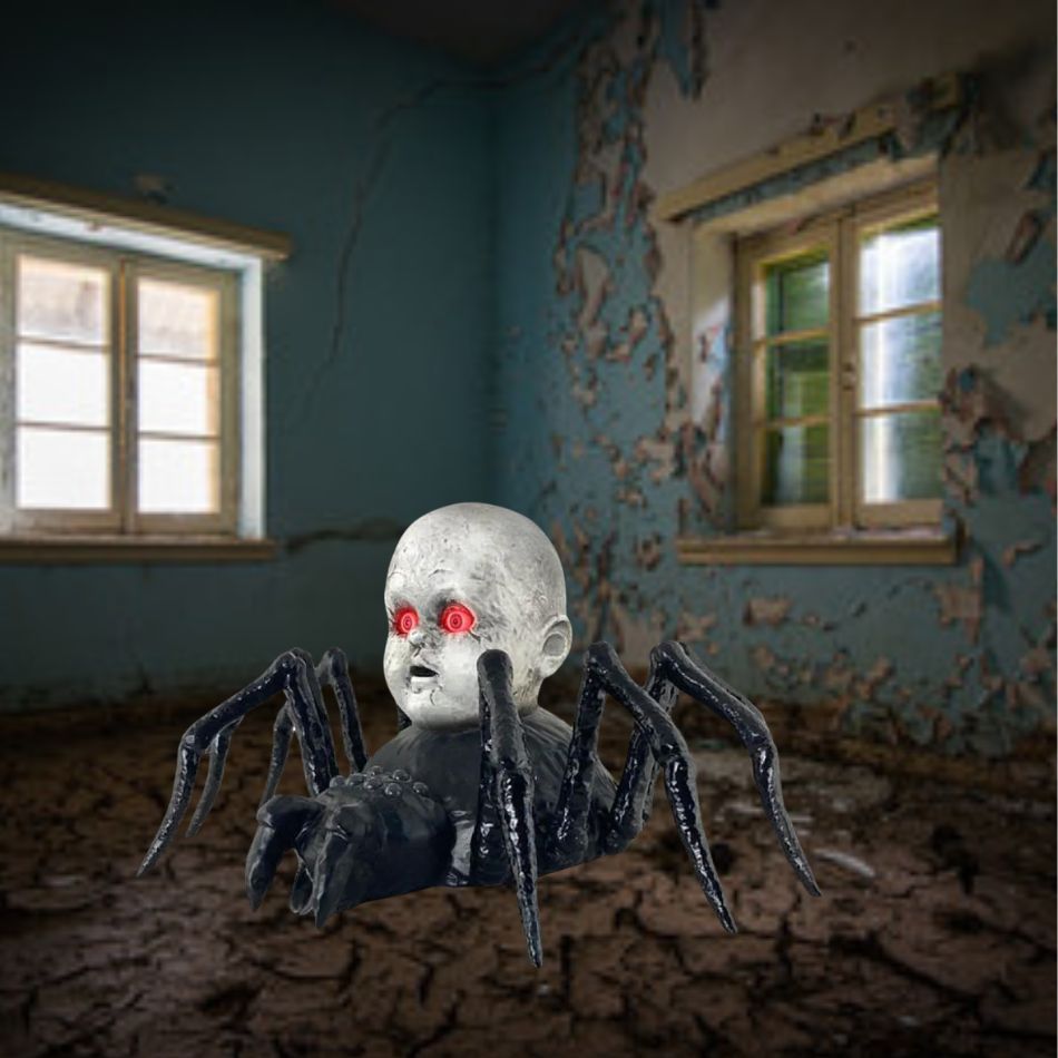 An eerie and realistic animated crawling spider doll for Halloween decor