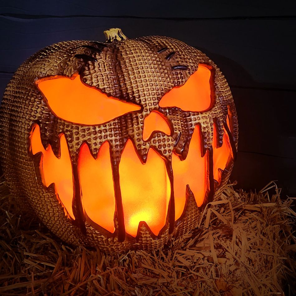 14 inch handmade burlap pumpkin with flaming design and fall colors