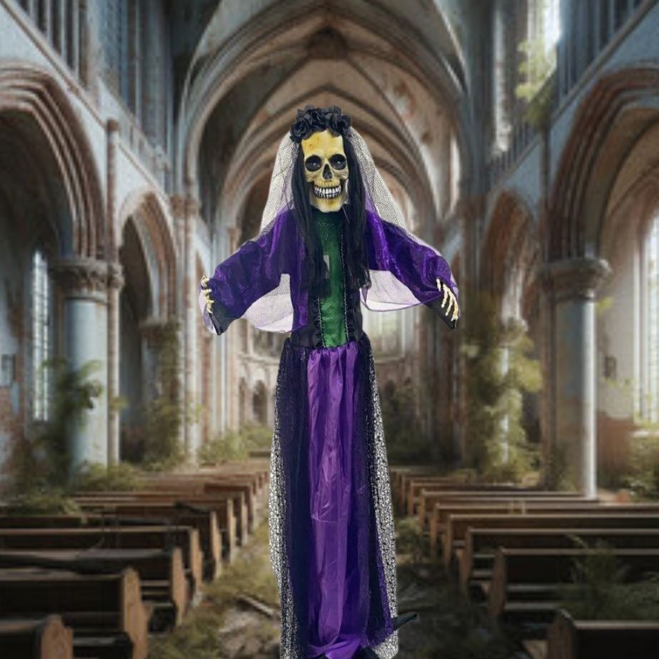 A beautiful animated standing bride figurine with intricate lace details and delicate bouquet