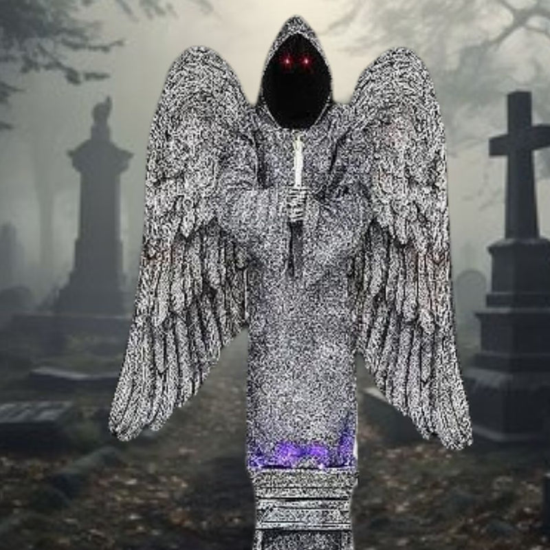 Spooky Halloween Decoration of 96 Cemetery Angel Animated Prop in Grey Stone Finish