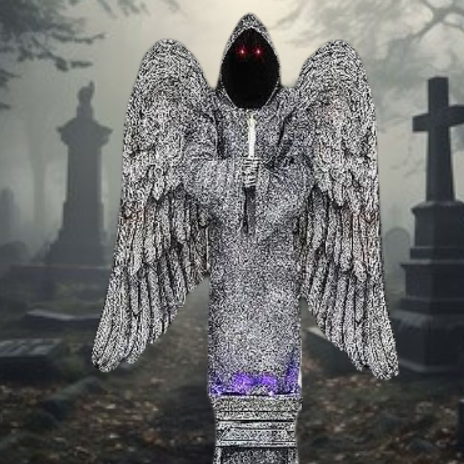 Spooky Halloween Decoration of 96 Cemetery Angel Animated Prop in Grey Stone Finish