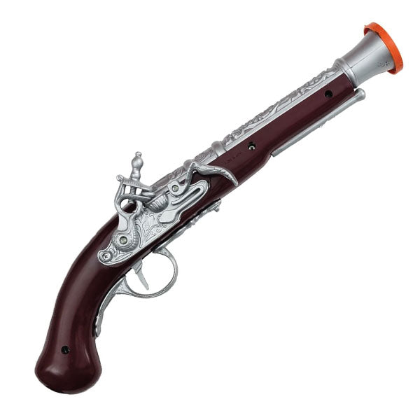 Alt text: Shiny silver pirate pistol with intricate detailing and realistic design