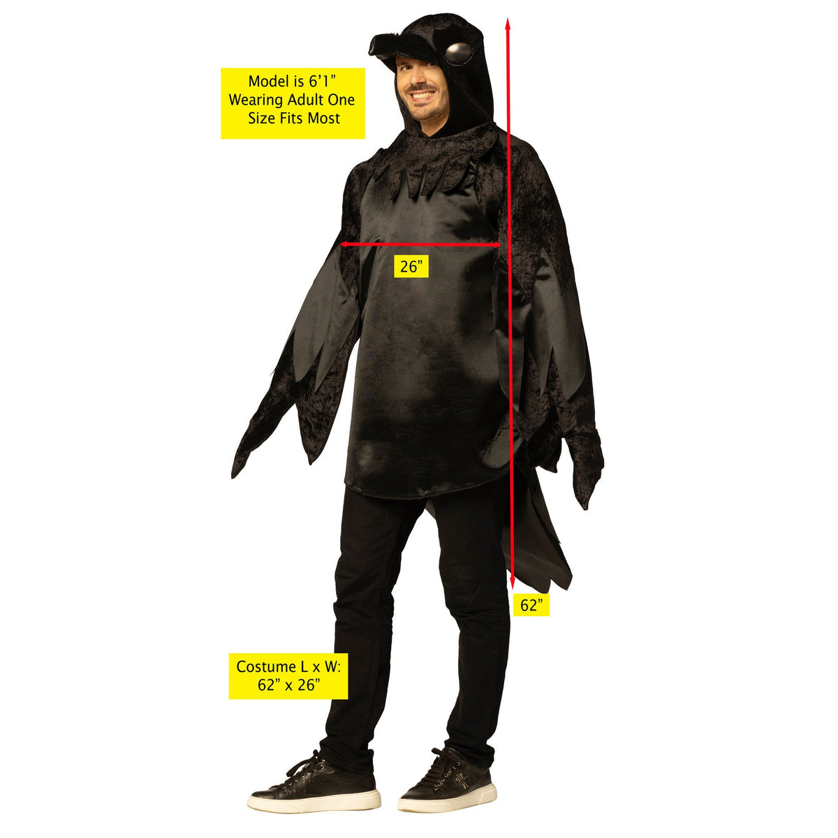 Person wearing a black costume with measurements indicated