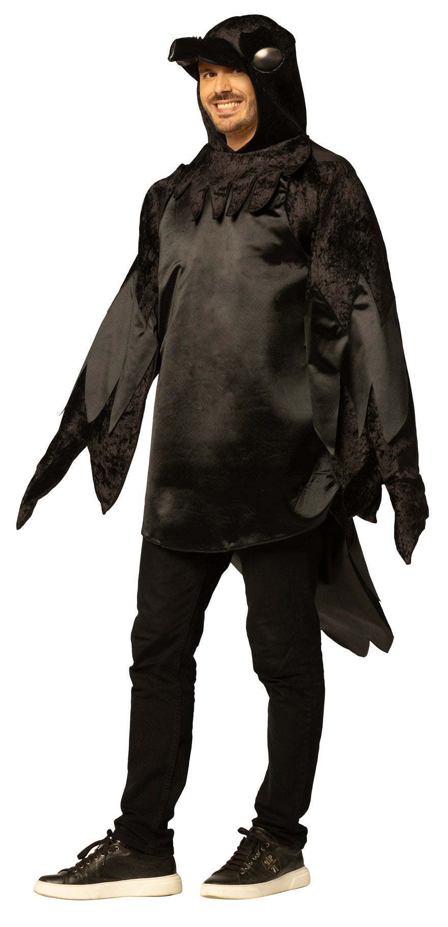Person wearing a black bird costume on a white background