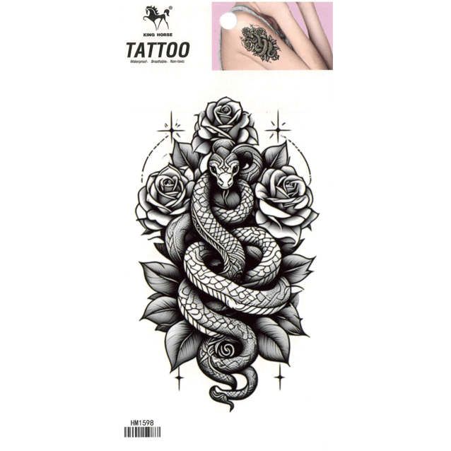 Snake and roses temporary tattoo