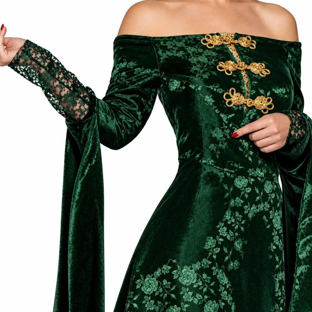 A woman modeling a dark green off-the-shoulder gown with gold embroidery and lace sleeves, shown against a white background with partial view of another model in black clothing at the left edge.