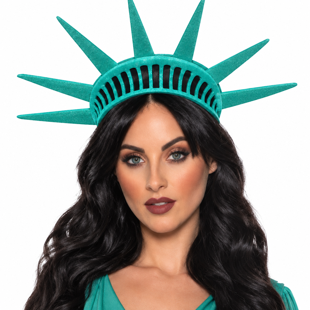 A woman modeling a green Statue of Liberty costume dress with a matching crown and holding a toy torch. The dress is a floor-length sheath style with a draped neckline and high slit.