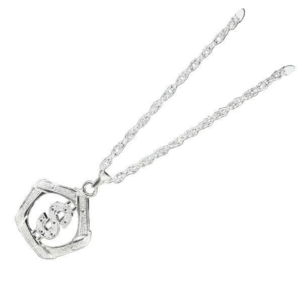 A silver-toned necklace featuring a shield-shaped pendant with a dollar sign motif, displayed on a black background.