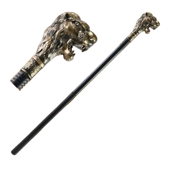 A long black staff or cane with ornate metallic lion-head handles on one end