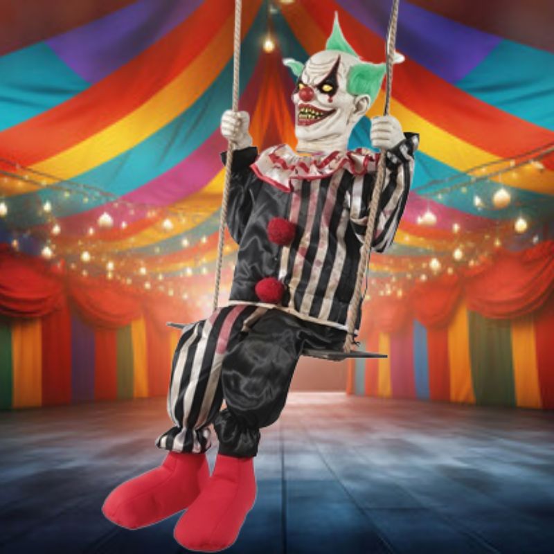 Alt text: An eerie and lifelike Animated Swinging Chuckles Prop with creepy smile