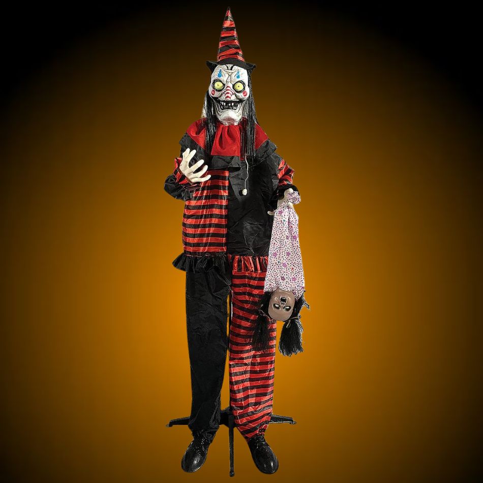 Colorful 72-inch standing shaking clown with polka dot outfit and oversized shoes