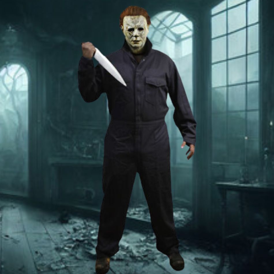 A realistic Halloween standing man prop with lifelike features and scary costume