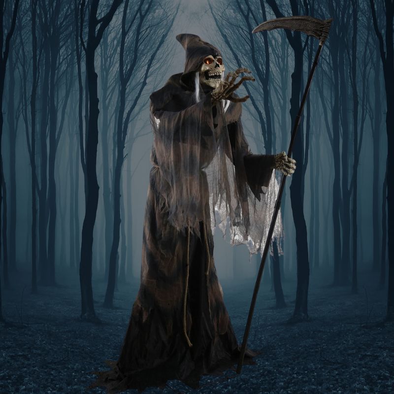 A spooky animated lunging reaper prop with lifelike movement and sound