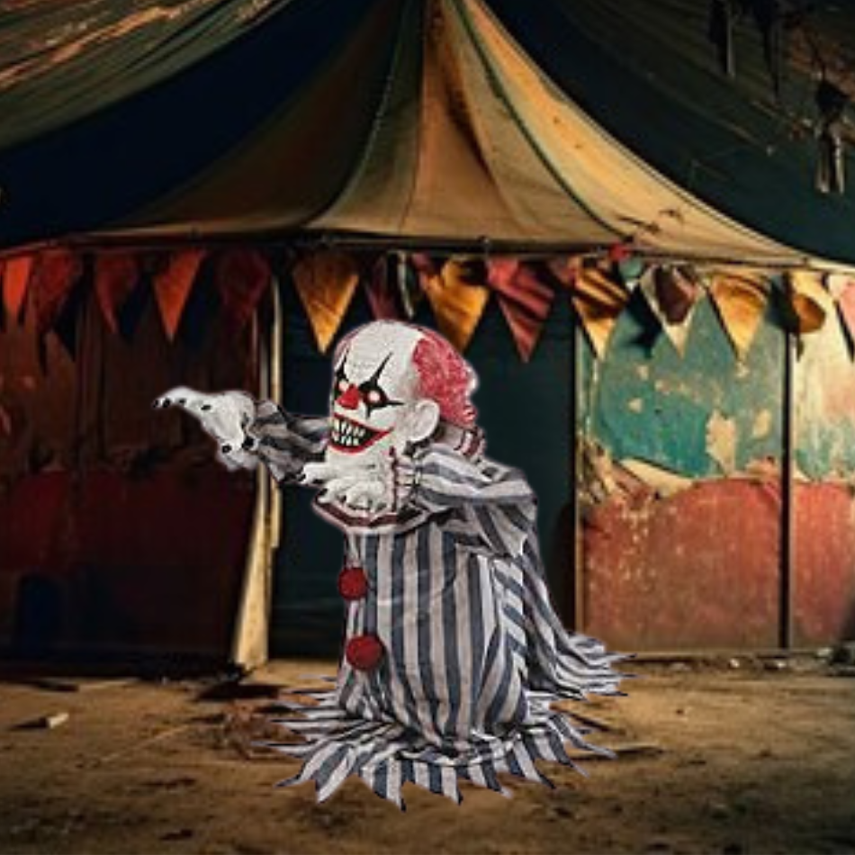 Colorful jumping clown prop with spring legs and big red nose