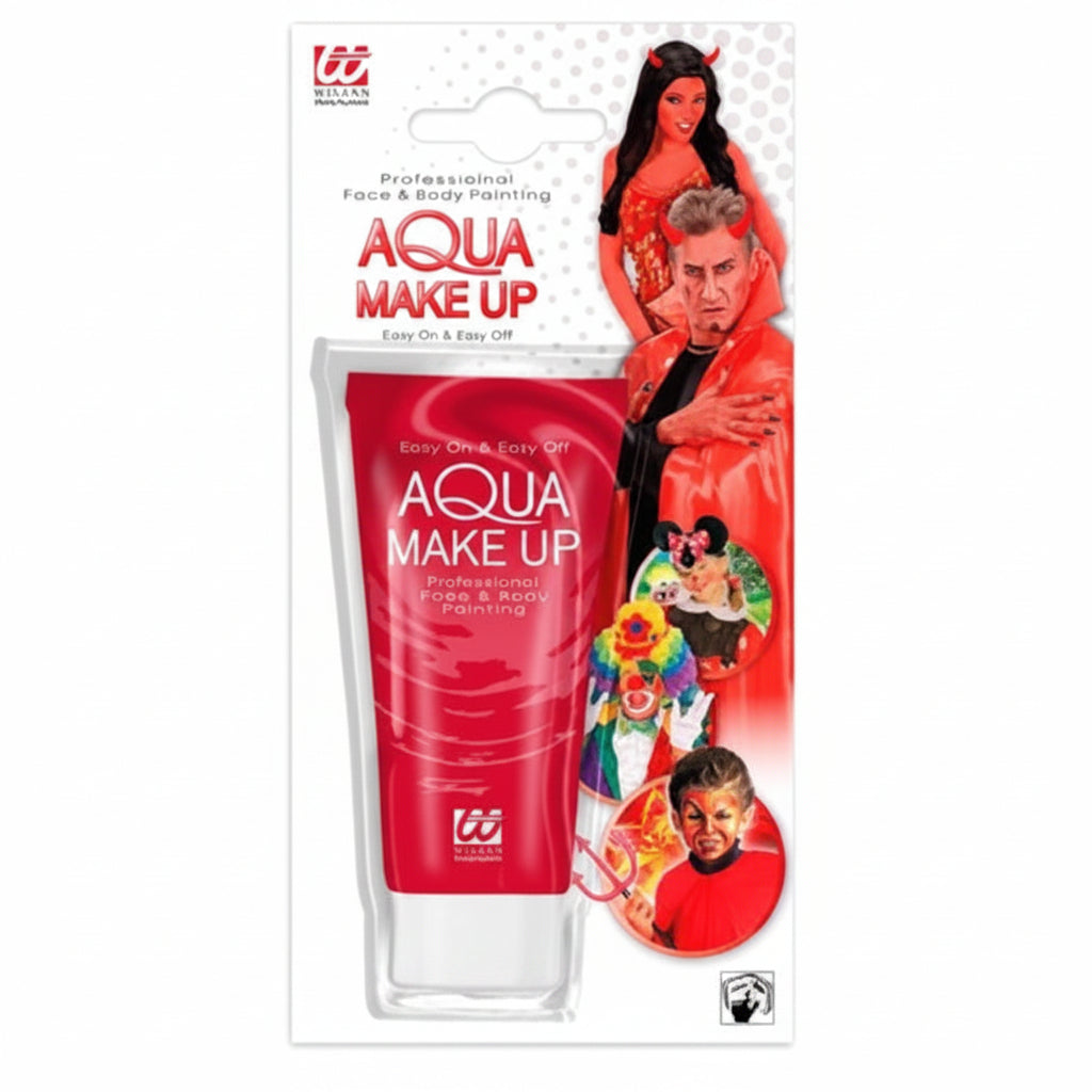 A tube of Milani Aqua Make Up professional face and body painting, packaged in a clear blister pack with a white backing card featuring illustrations of models wearing red costume makeup.