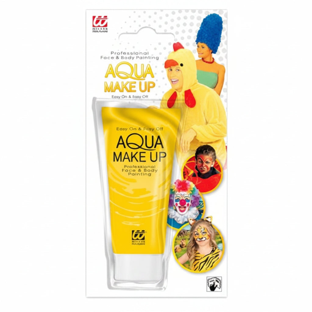 Aqua Make Up face and body painting kit in its original retail blister packaging, featuring a yellow tube and a clear applicator bottle, with cartoon illustrations of characters on the backing card.