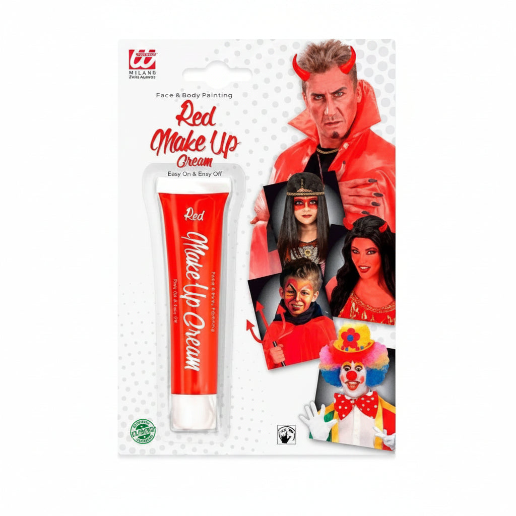 W12 Cosmetics Red Make Up Cream tube on its retail blister card, featuring promotional images of models wearing devil and clown makeup.