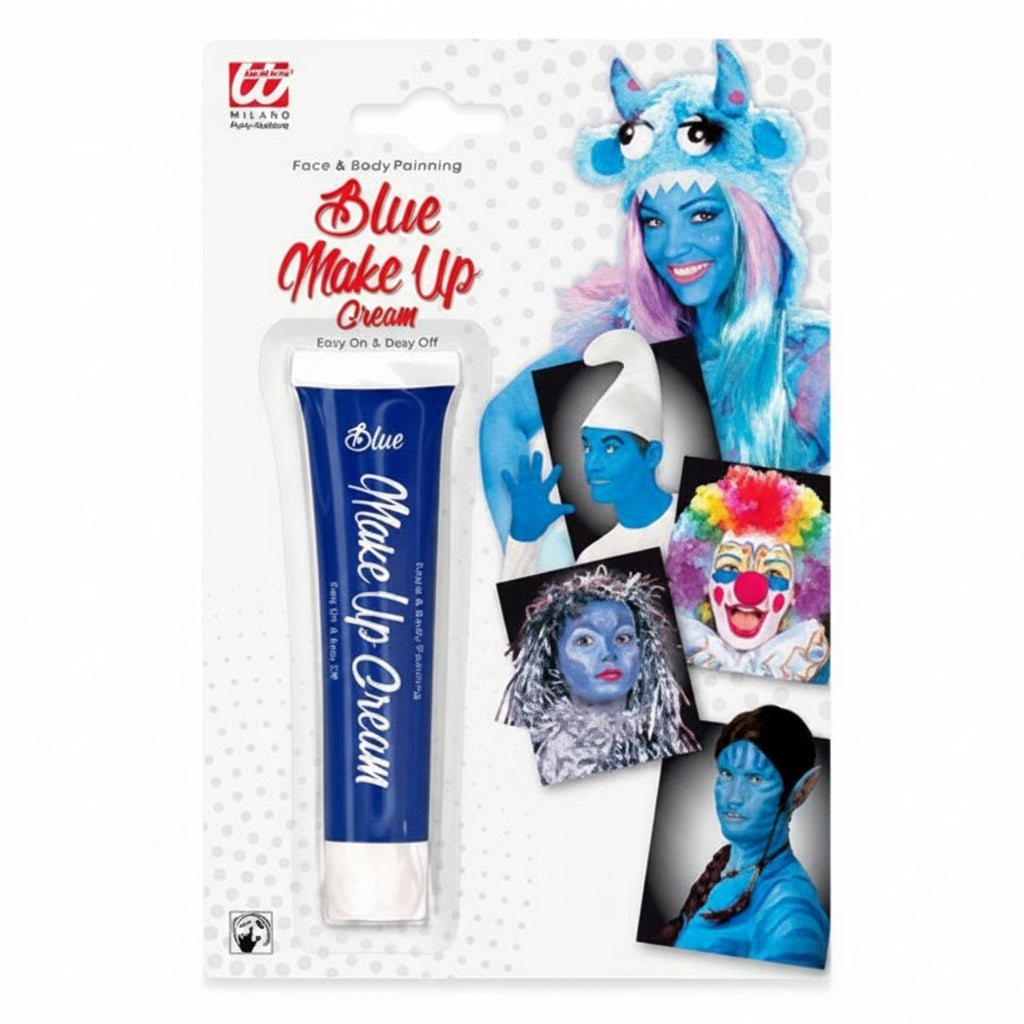 Blue Make Up Cream tube on its retail blister card packaging, featuring illustrations of blue-faced makeup looks and a red 165 logo.