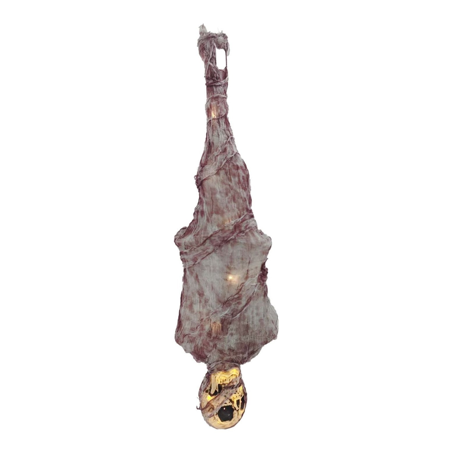 1.7m animated hanging mummy decoration suspended upside-down with aged tattered grey bandages and glowing golden skull head at the base