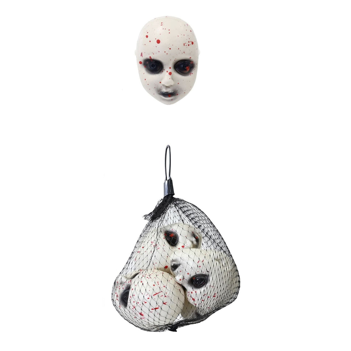 White doll heads with blood splatter and back lips and eyes on white background