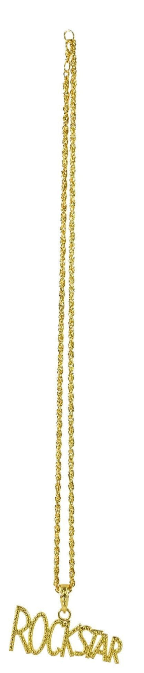 Gold-tone chain necklaces with humorous pendant charms spelling 'ROCKSTAR' on a plain white background.