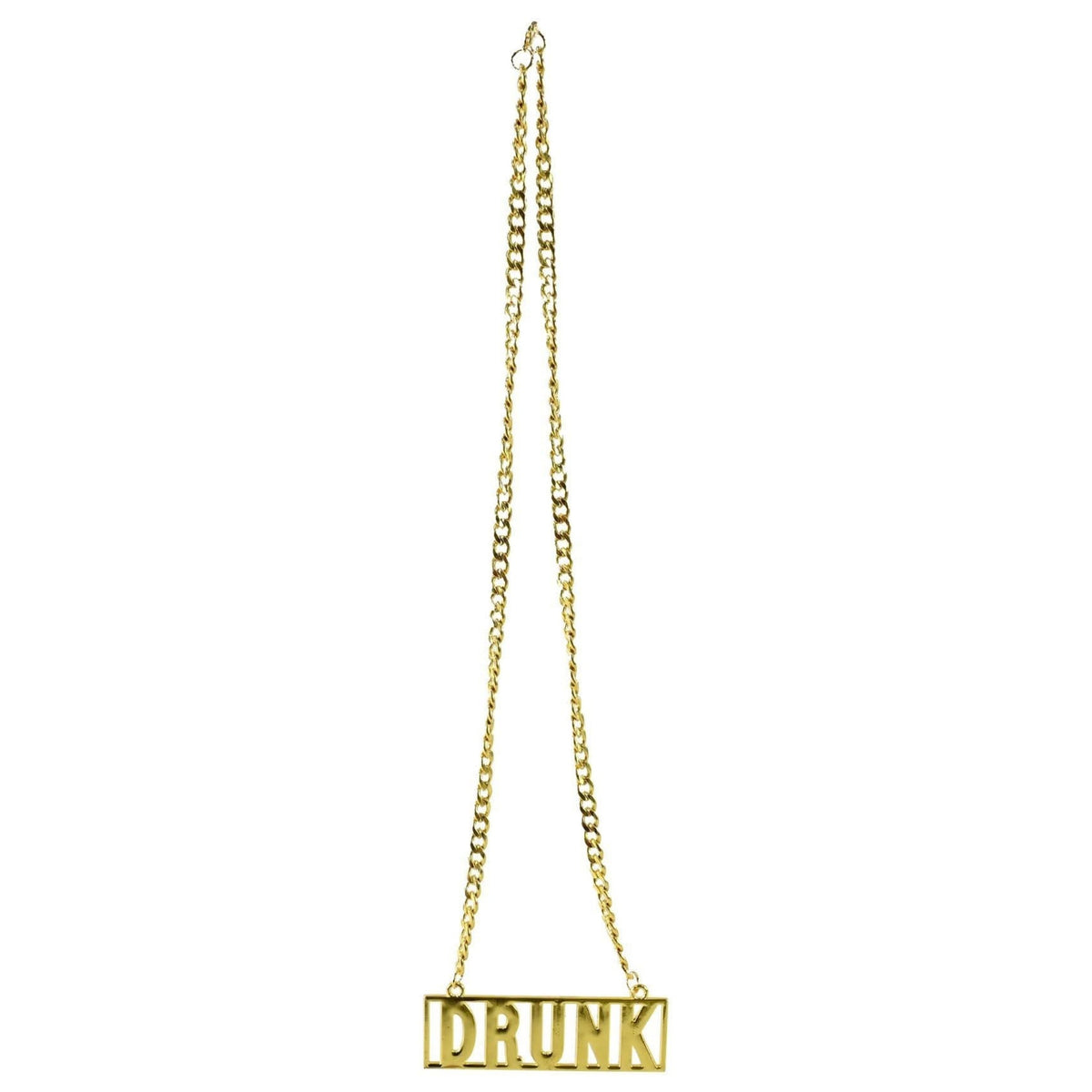 Gold-tone chain necklaces with humorous pendant charms spelling 'DRUNK'' on a plain white background.