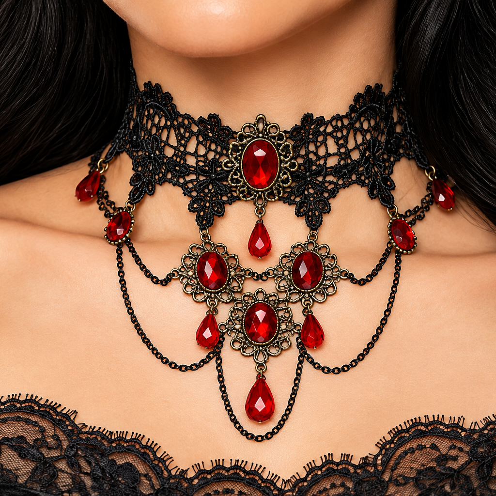 A close-up of a model wearing a gothic-style black lace choker necklace with ornate bronze filigree and multiple red teardrop gemstones.