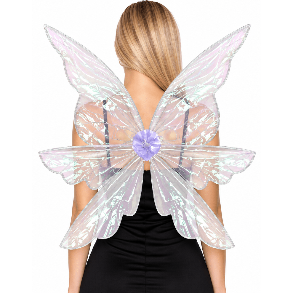 Two views of a fairy costume wing backpiece shown on a model from the back, wearing a black dress. The left wing piece has iridescent peach and gold patterned wings with a purple and teal center.