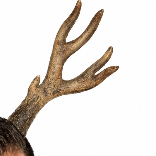 A smiling man with short dark hair and a beard wearing a realistic brown antler headpiece, photographed against a plain white background.
